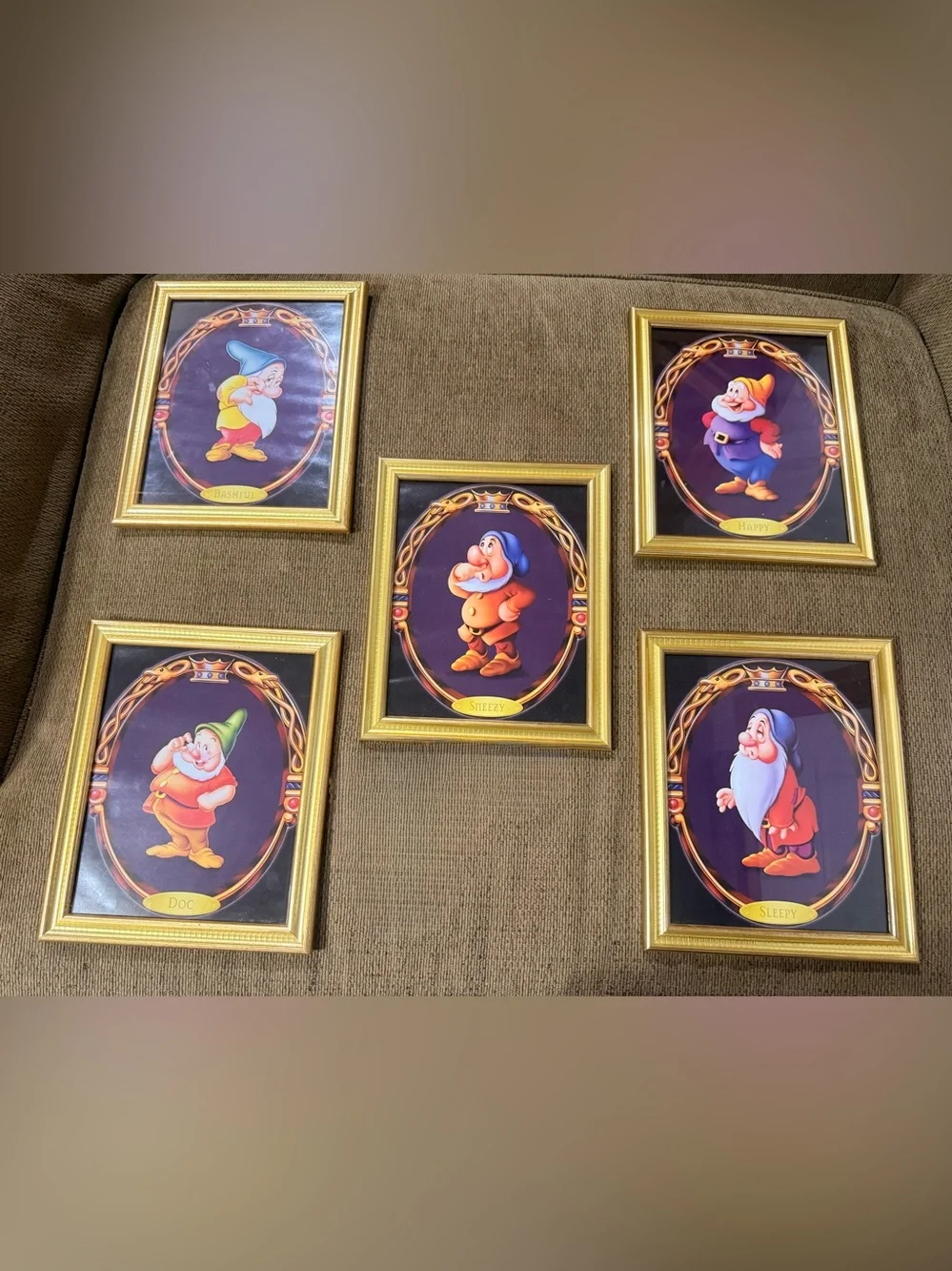 Disney Gold Framed Snow White Dwarf Portrait Prints Colorful Characters set of 5